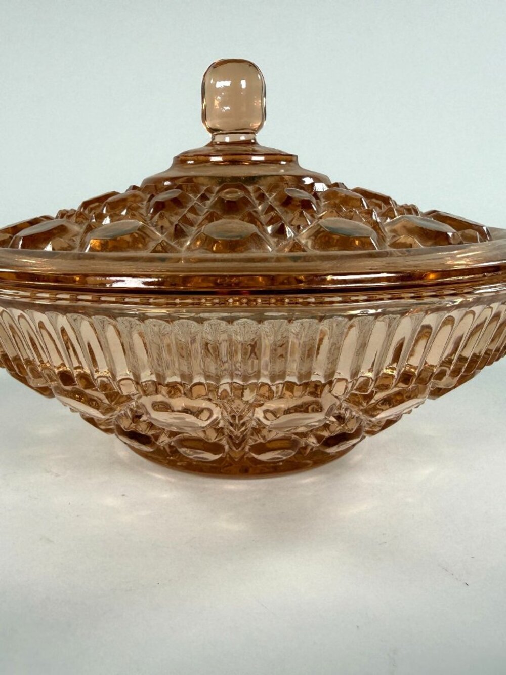 Indiana Glass Windsor Pink Peach Ballad Lidded Bowl Buttons Pattern Elegant Dish
